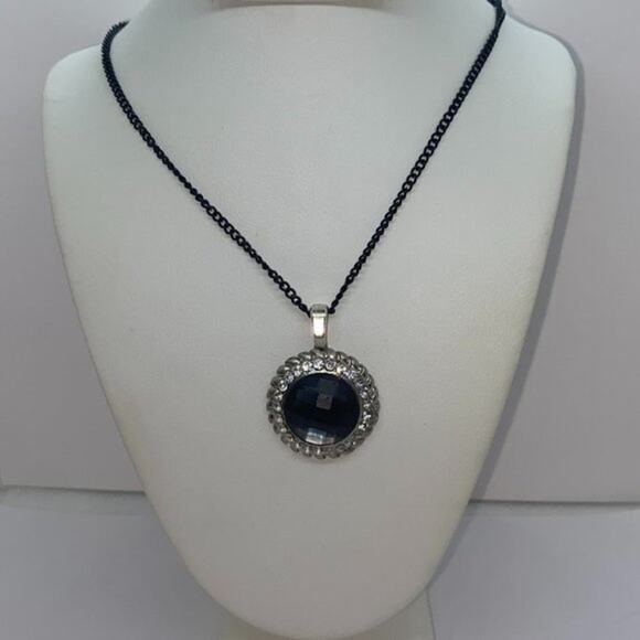 Silver-Tone Texture Blue Rhinestone Black Necklace - Picture 1 of 7